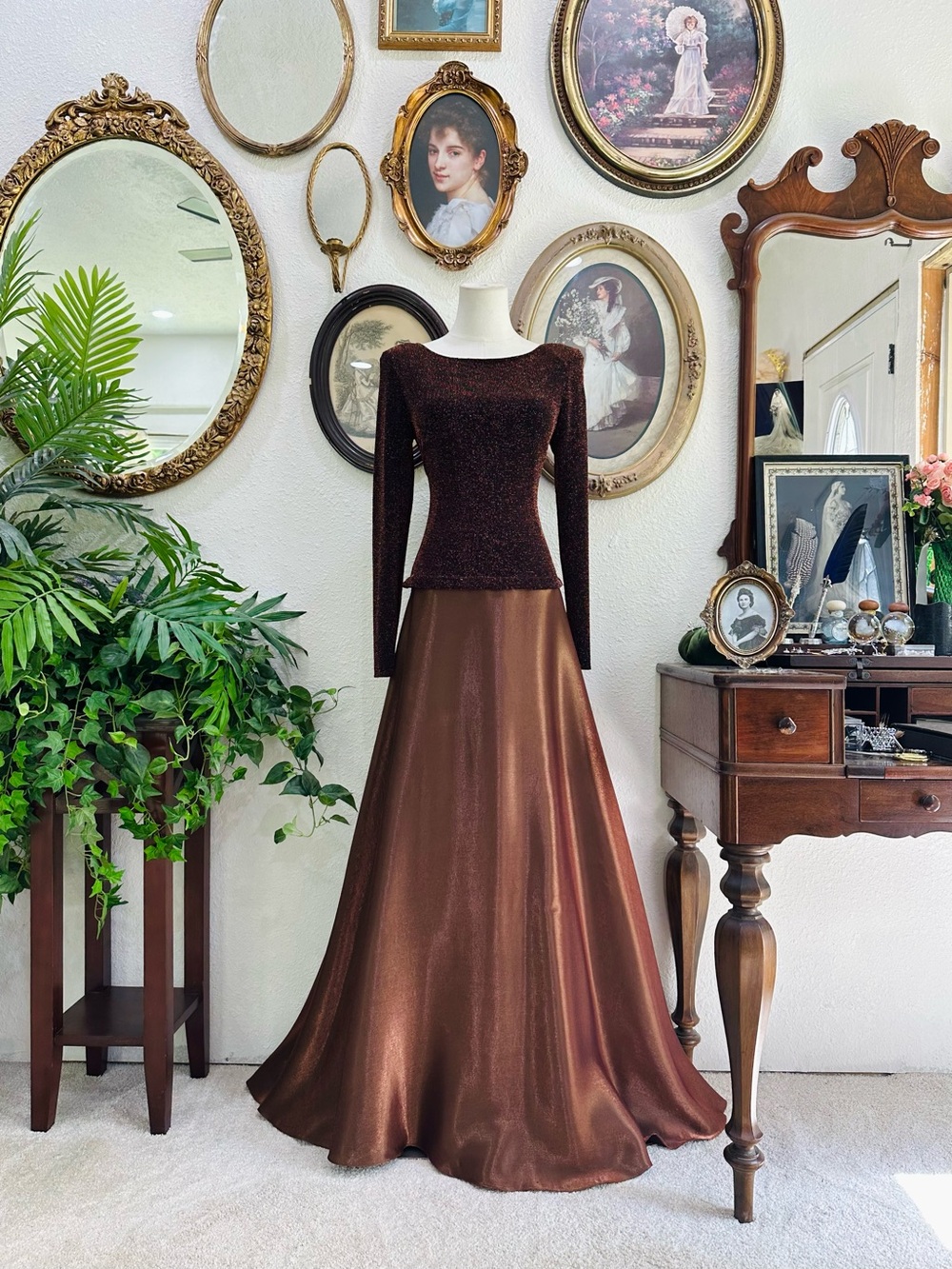 JS Collections Brown Sparkle Knit Top with Copper Satin Gown